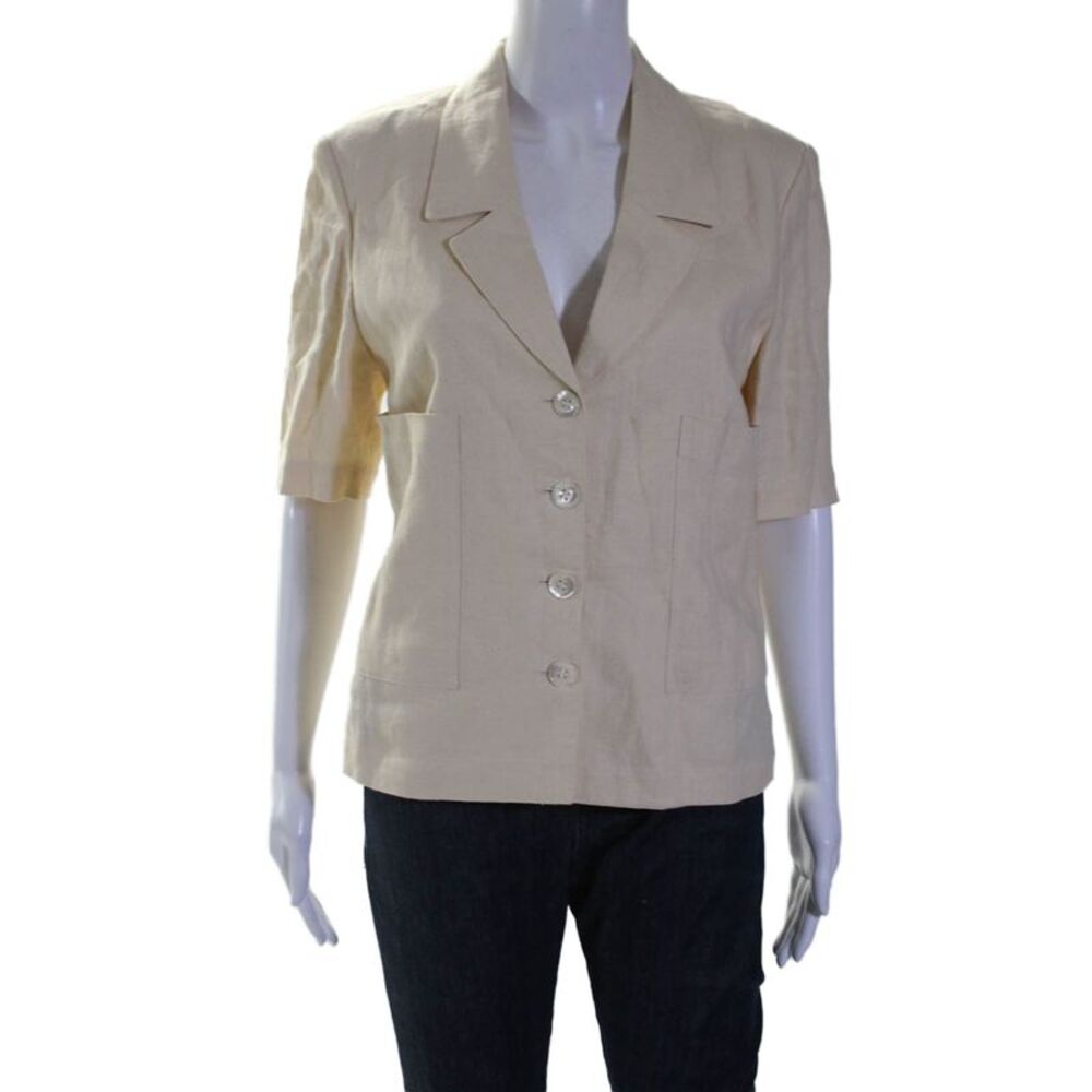 Eddy Monetti Womens Linen Beige Button Front Short Sleeve Blouse Top Size 42